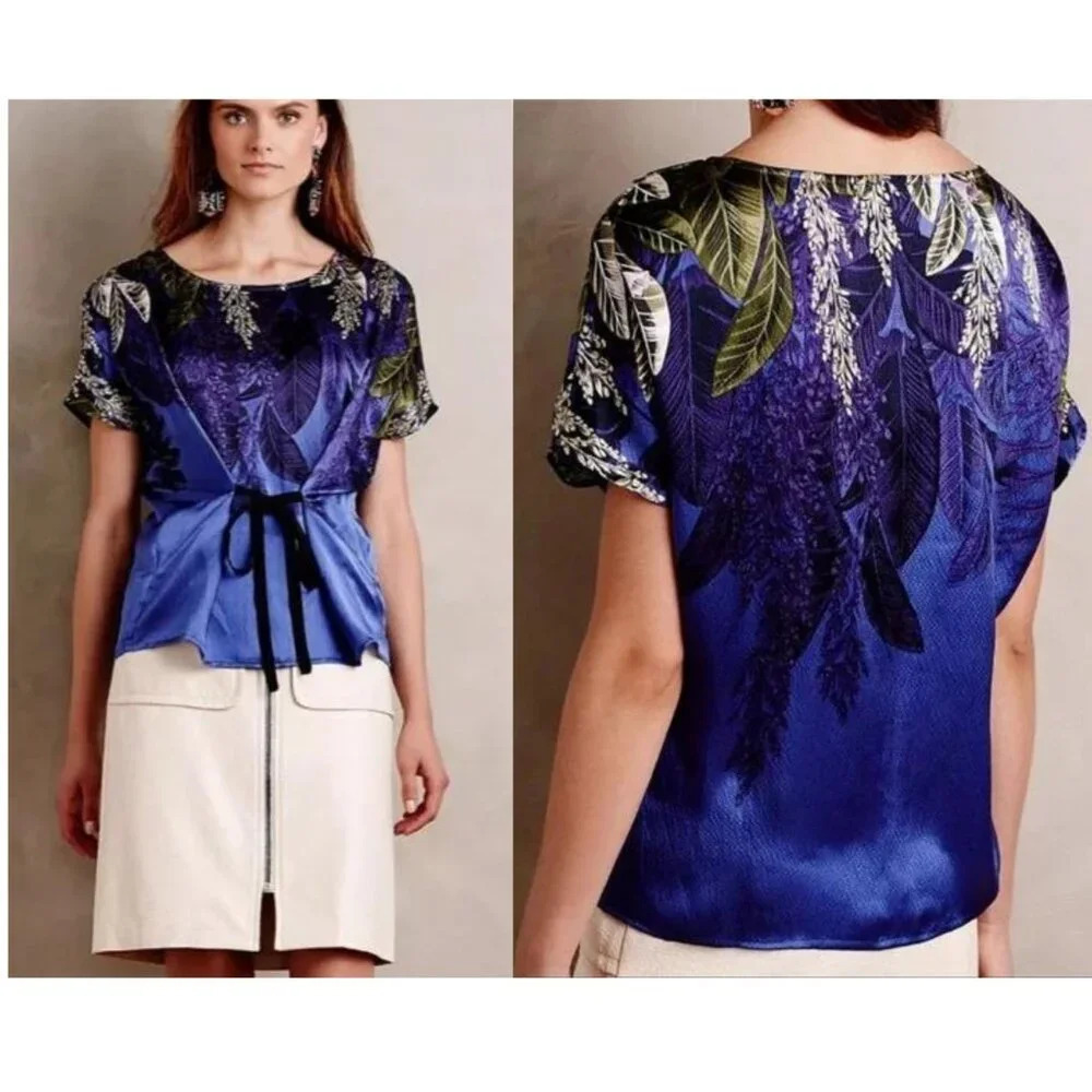 Anthropologie HD in Paris Callia Blue Floral Silk Cocoon Blouse - 29843